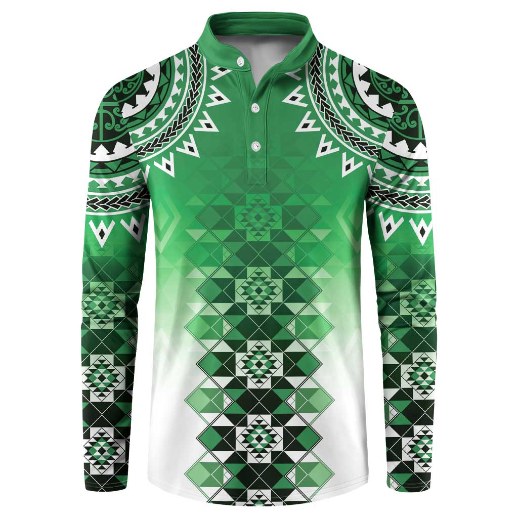 New Zealand Button Sweatshirt Poutama Mix Green Taniko Inspired Art LT05
