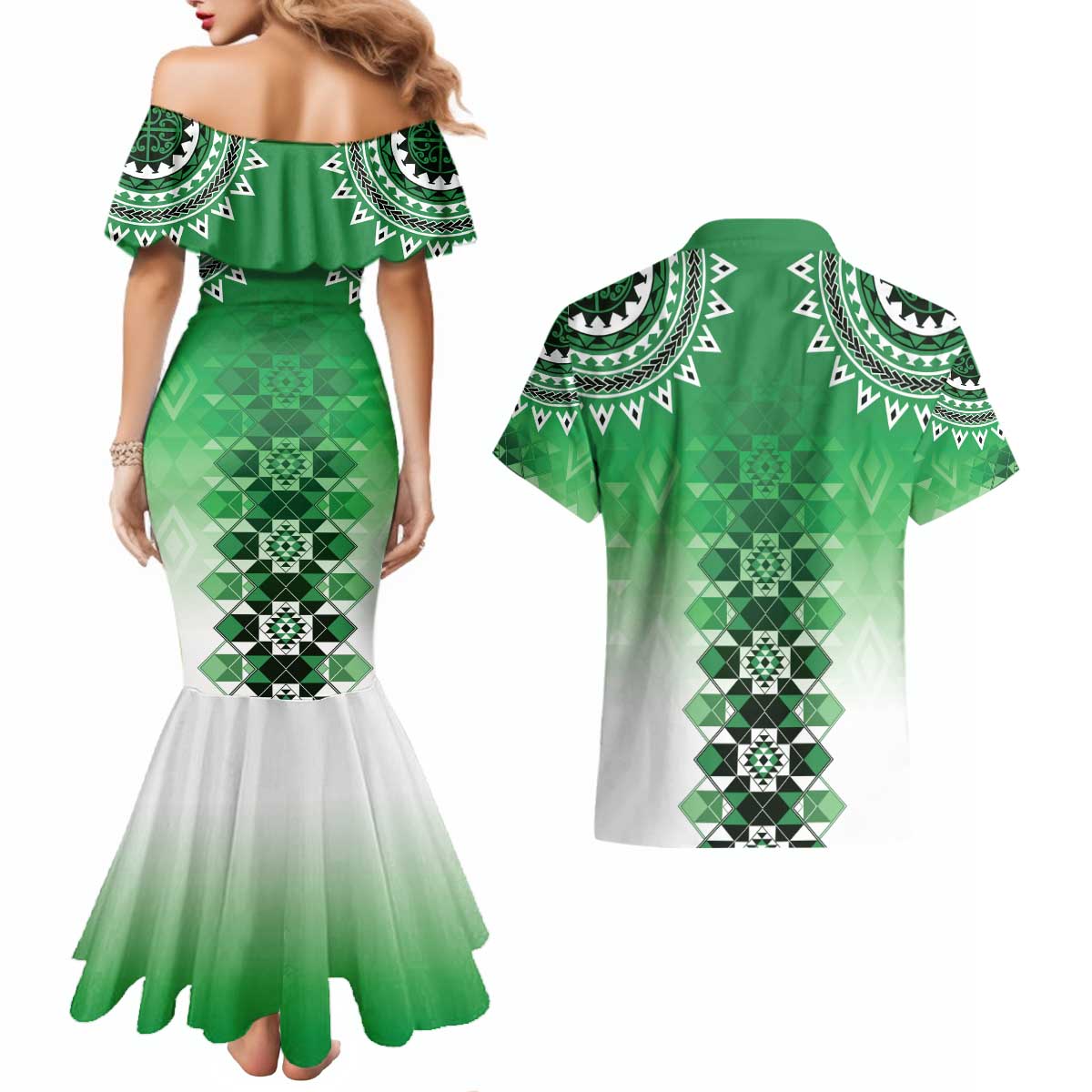 New Zealand Couples Matching Mermaid Dress and Hawaiian Shirt Poutama Mix Green Taniko Inspired Art LT05