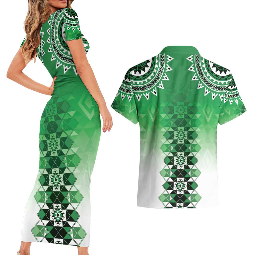 New Zealand Couples Matching Short Sleeve Bodycon Dress and Hawaiian Shirt Poutama Mix Green Taniko Inspired Art LT05