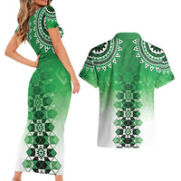 New Zealand Couples Matching Short Sleeve Bodycon Dress and Hawaiian Shirt Poutama Mix Green Taniko Inspired Art LT05