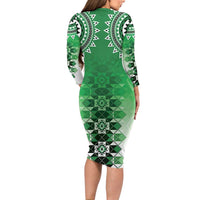 New Zealand Family Matching Long Sleeve Bodycon Dress and Hawaiian Shirt Poutama Mix Green Taniko Inspired Art LT05