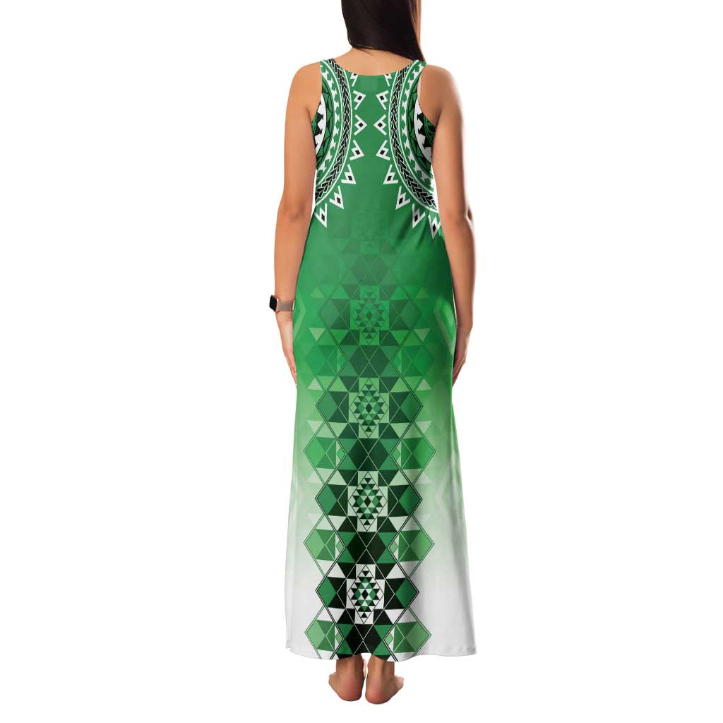 New Zealand Family Matching Tank Maxi Dress and Hawaiian Shirt Poutama Mix Green Taniko Inspired Art LT05