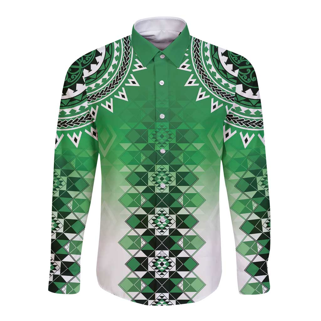 New Zealand Long Sleeve Button Shirt Poutama Mix Green Taniko Inspired Art LT05