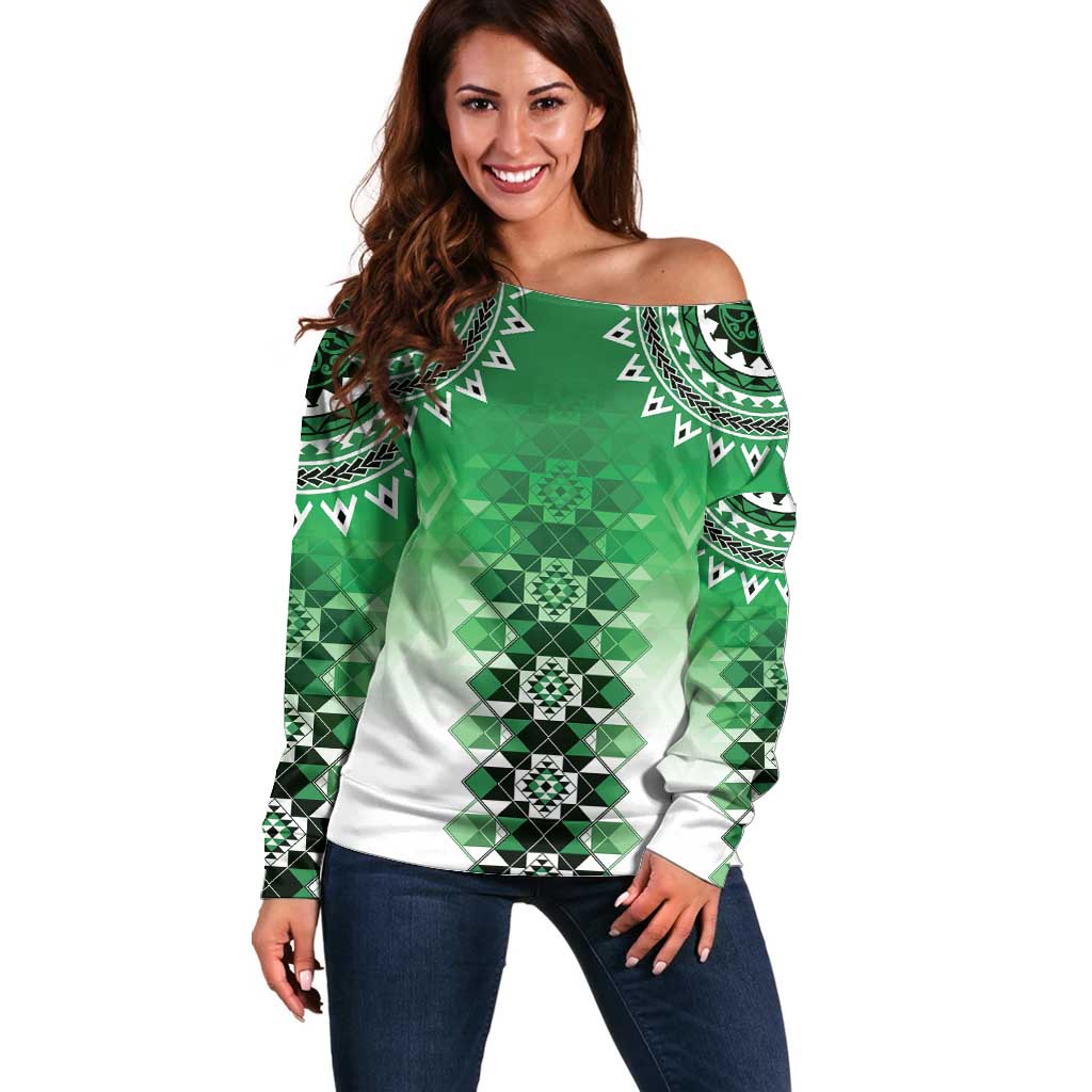 New Zealand Off Shoulder Sweater Poutama Mix Green Taniko Inspired Art LT05