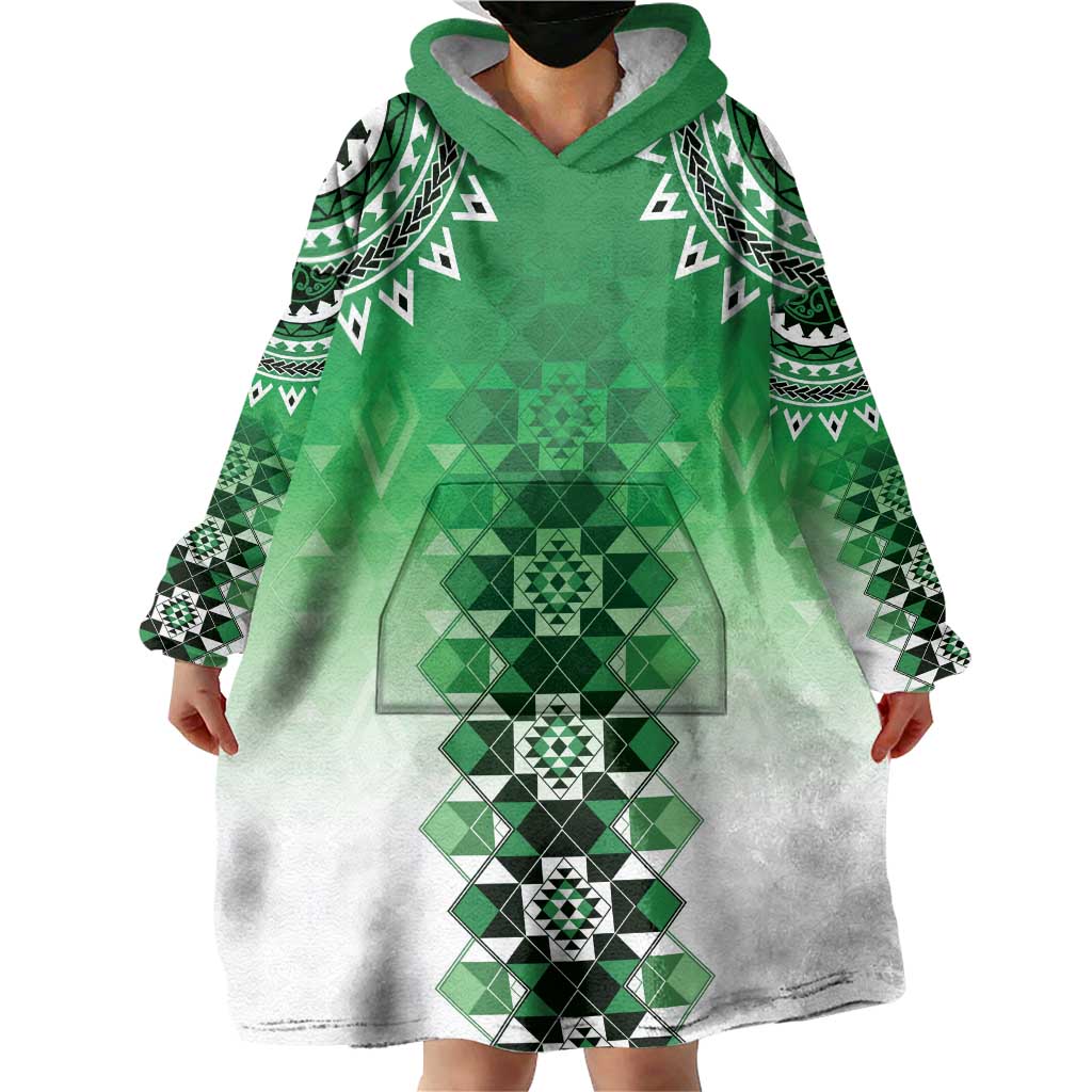 New Zealand Wearable Blanket Hoodie Poutama Mix Green Taniko Inspired Art LT05