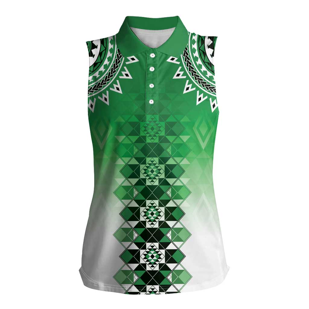 New Zealand Women Sleeveless Polo Shirt Poutama Mix Green Taniko Inspired Art LT05