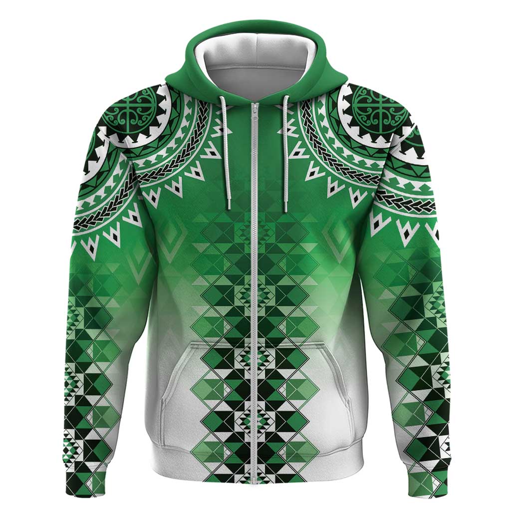 New Zealand Zip Hoodie Poutama Mix Green Taniko Inspired Art LT05