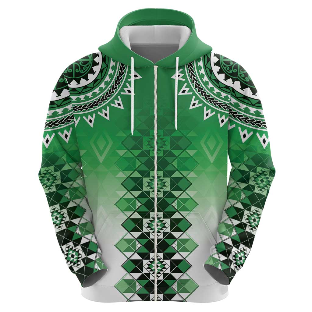 New Zealand Zip Hoodie Poutama Mix Green Taniko Inspired Art LT05