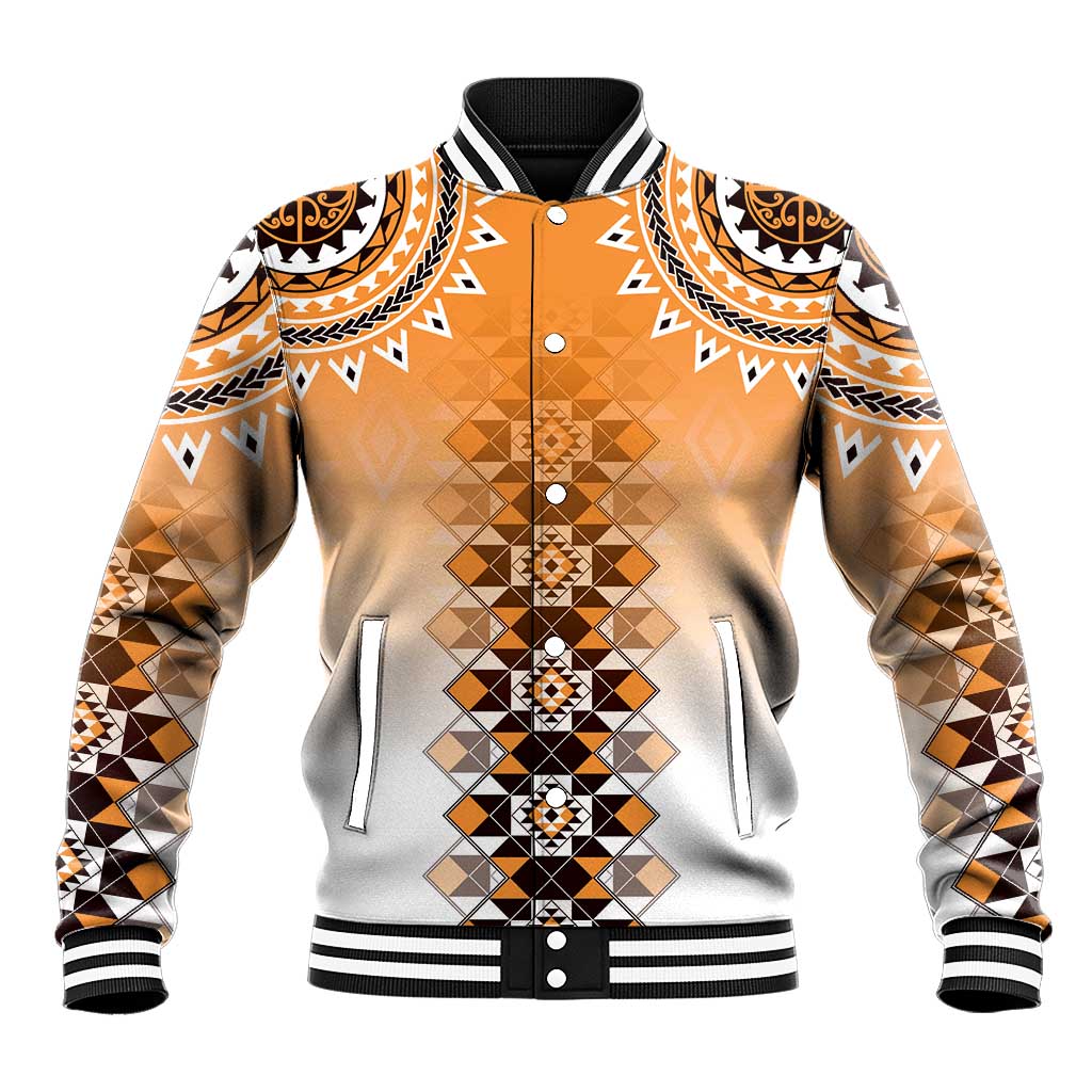 New Zealand Baseball Jacket Poutama Mix Orange Taniko Inspired Art LT05