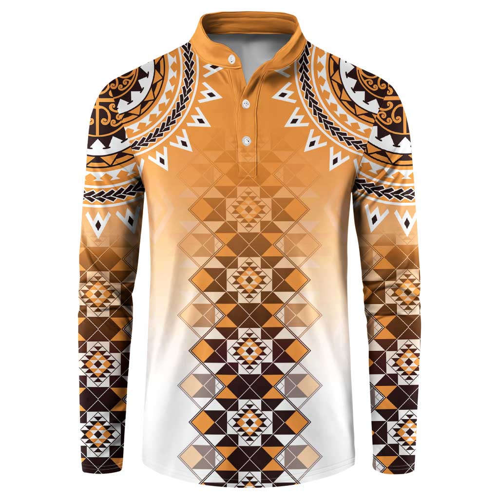 New Zealand Button Sweatshirt Poutama Mix Orange Taniko Inspired Art LT05