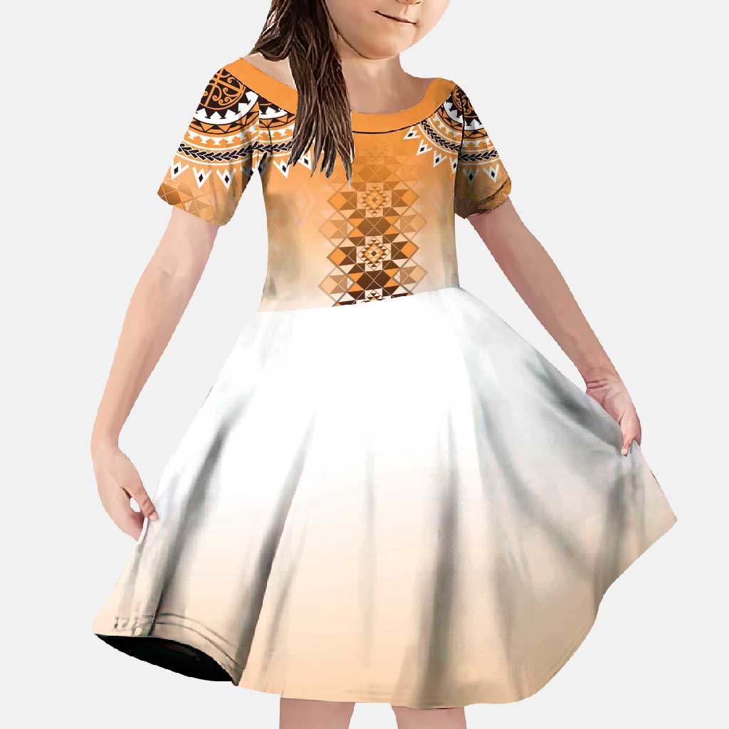 New Zealand Family Matching Long Sleeve Bodycon Dress and Hawaiian Shirt Poutama Mix Orange Taniko Inspired Art LT05 Daughter's Dress Orange - Polynesian Pride