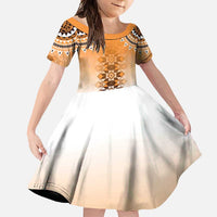 New Zealand Family Matching Long Sleeve Bodycon Dress and Hawaiian Shirt Poutama Mix Orange Taniko Inspired Art LT05 Daughter's Dress Orange - Polynesian Pride
