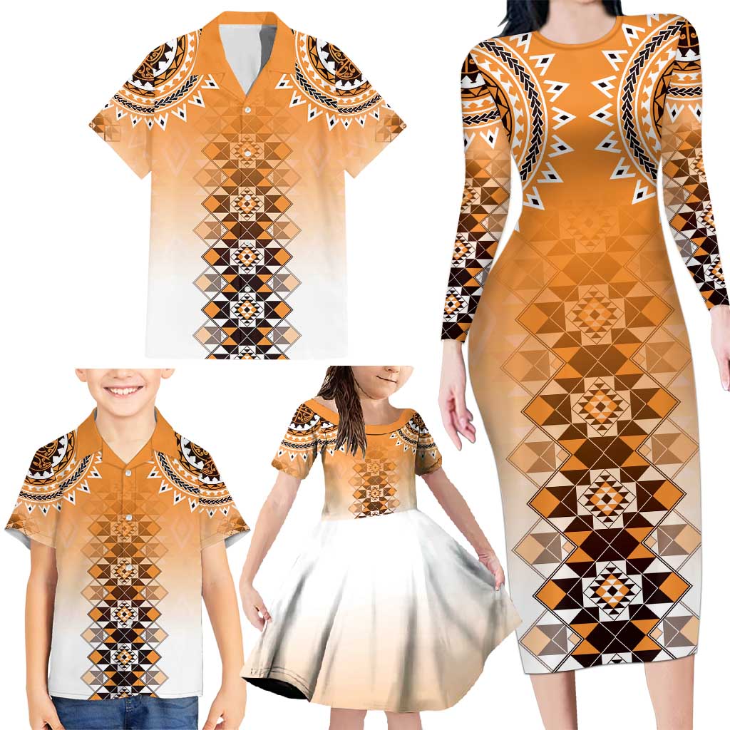 New Zealand Family Matching Long Sleeve Bodycon Dress and Hawaiian Shirt Poutama Mix Orange Taniko Inspired Art LT05 - Polynesian Pride