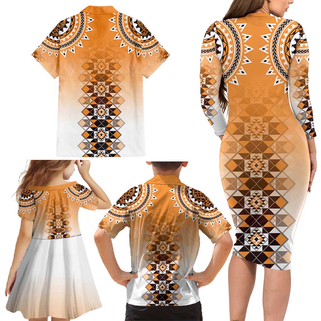 New Zealand Family Matching Long Sleeve Bodycon Dress and Hawaiian Shirt Poutama Mix Orange Taniko Inspired Art LT05 - Polynesian Pride