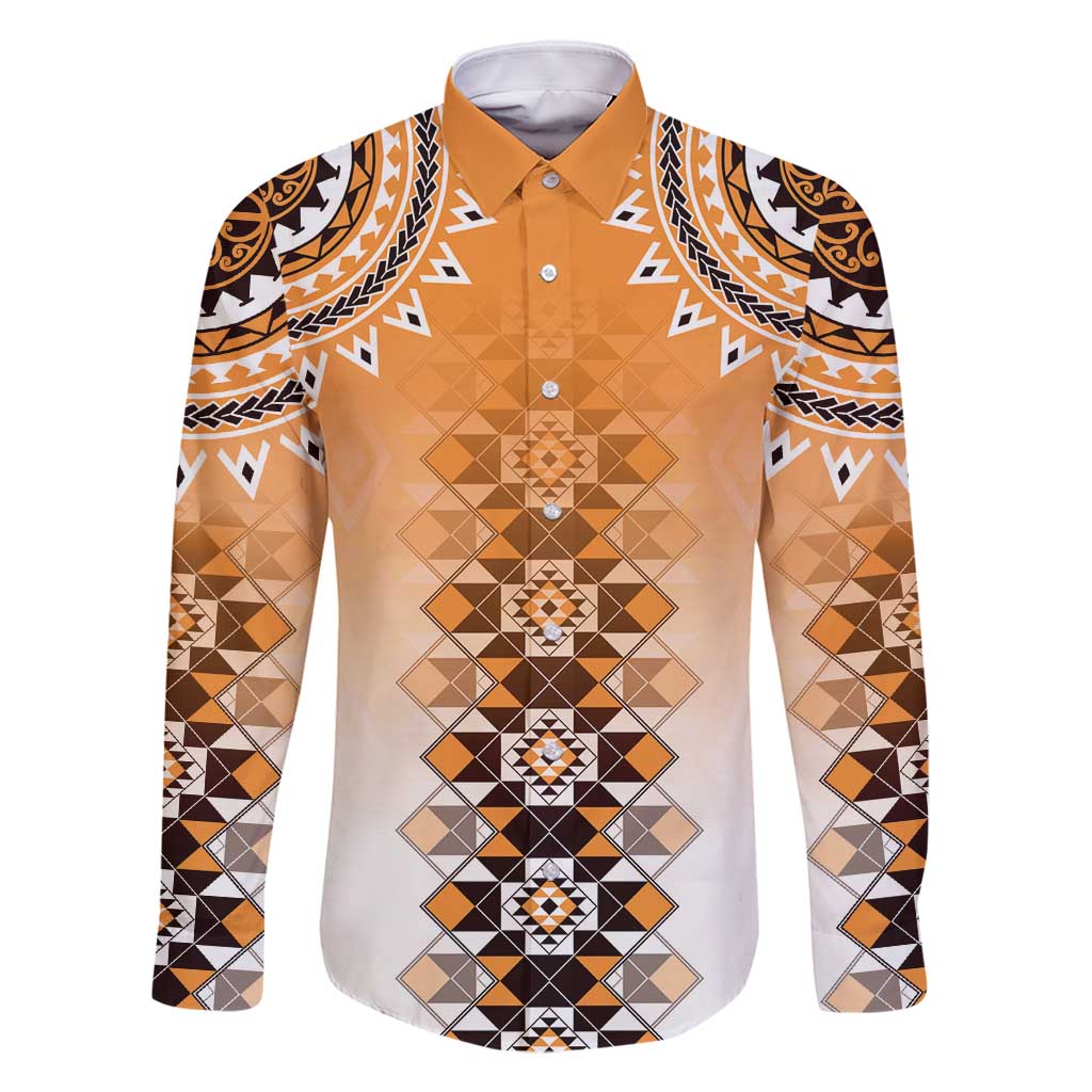 New Zealand Family Matching Long Sleeve Bodycon Dress and Hawaiian Shirt Poutama Mix Orange Taniko Inspired Art LT05 Dad's Shirt - Long Sleeve Orange - Polynesian Pride