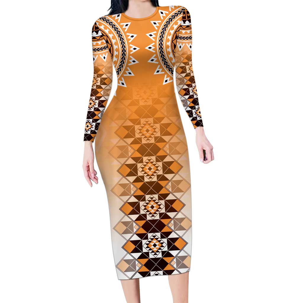 New Zealand Family Matching Long Sleeve Bodycon Dress and Hawaiian Shirt Poutama Mix Orange Taniko Inspired Art LT05 Mom's Dress Orange - Polynesian Pride
