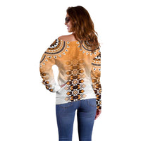 New Zealand Off Shoulder Sweater Poutama Mix Orange Taniko Inspired Art LT05