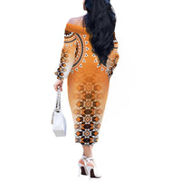 New Zealand Off The Shoulder Long Sleeve Dress Poutama Mix Orange Taniko Inspired Art LT05