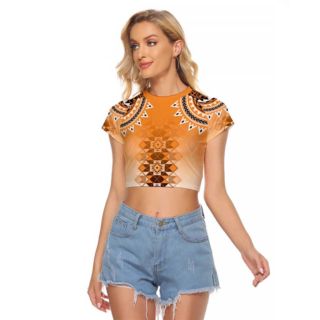 New Zealand Raglan Cropped T Shirt Poutama Mix Orange Taniko Inspired Art LT05