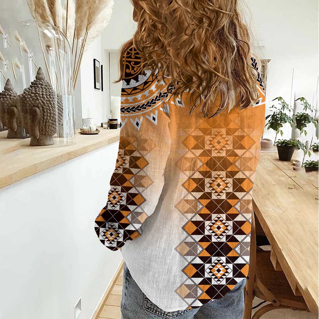 New Zealand Women Casual Shirt Poutama Mix Orange Taniko Inspired Art LT05