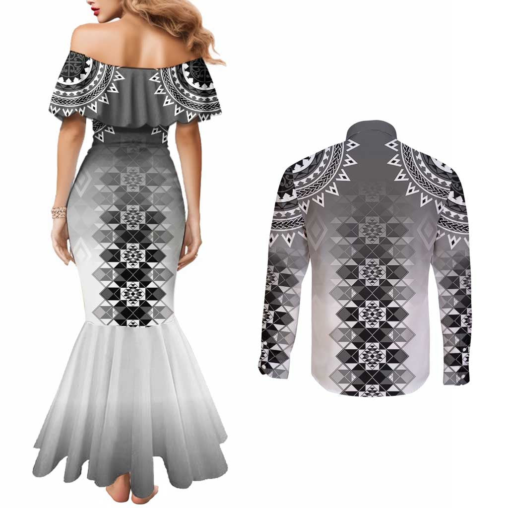 New Zealand Couples Matching Mermaid Dress and Long Sleeve Button Shirt Poutama Mix Gray Taniko Inspired Art LT05