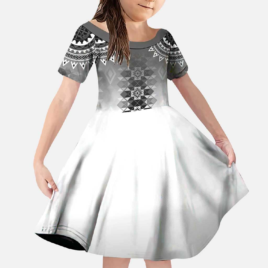 New Zealand Family Matching Long Sleeve Bodycon Dress and Hawaiian Shirt Poutama Mix Gray Taniko Inspired Art LT05 Daughter's Dress Gray - Polynesian Pride