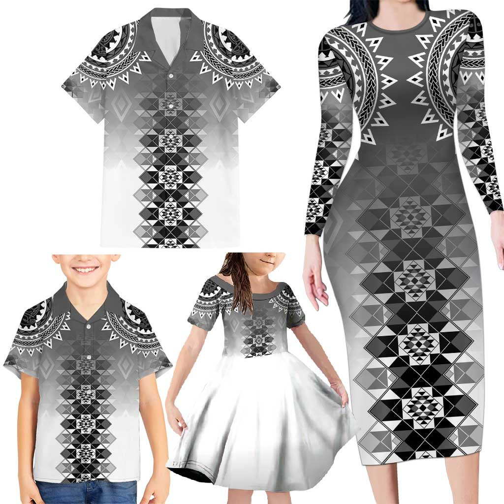 New Zealand Family Matching Long Sleeve Bodycon Dress and Hawaiian Shirt Poutama Mix Gray Taniko Inspired Art LT05 - Polynesian Pride