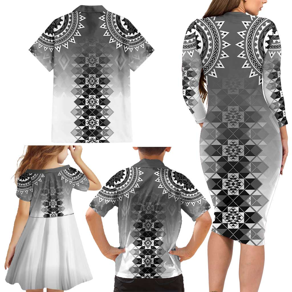 New Zealand Family Matching Long Sleeve Bodycon Dress and Hawaiian Shirt Poutama Mix Gray Taniko Inspired Art LT05 - Polynesian Pride