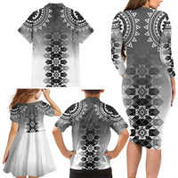 New Zealand Family Matching Long Sleeve Bodycon Dress and Hawaiian Shirt Poutama Mix Gray Taniko Inspired Art LT05 - Polynesian Pride