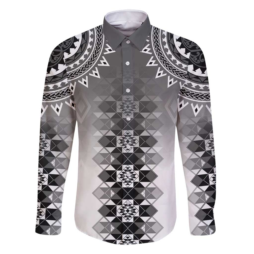 New Zealand Family Matching Long Sleeve Bodycon Dress and Hawaiian Shirt Poutama Mix Gray Taniko Inspired Art LT05 Dad's Shirt - Long Sleeve Gray - Polynesian Pride