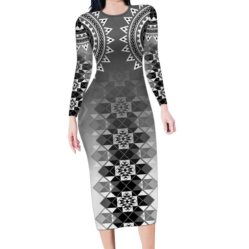 New Zealand Family Matching Long Sleeve Bodycon Dress and Hawaiian Shirt Poutama Mix Gray Taniko Inspired Art LT05 Mom's Dress Gray - Polynesian Pride
