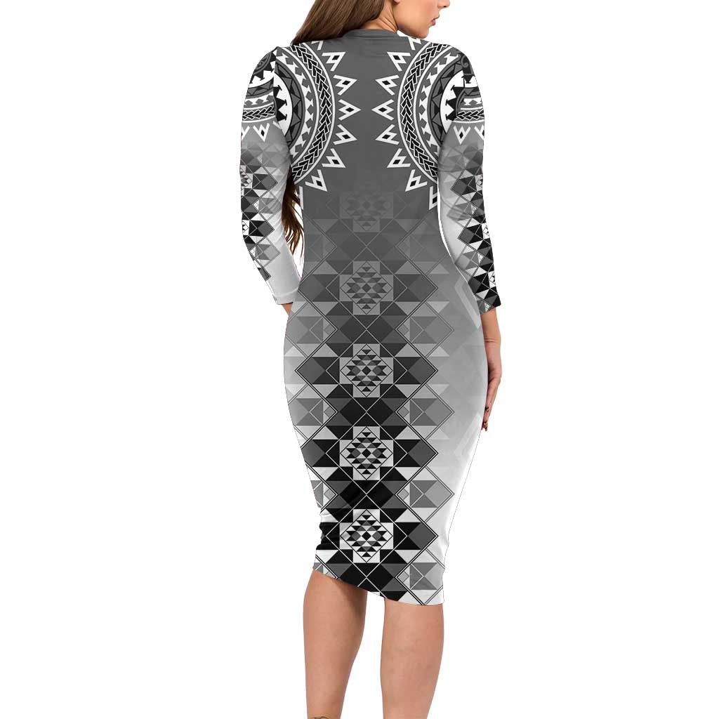 New Zealand Family Matching Long Sleeve Bodycon Dress and Hawaiian Shirt Poutama Mix Gray Taniko Inspired Art LT05 - Polynesian Pride