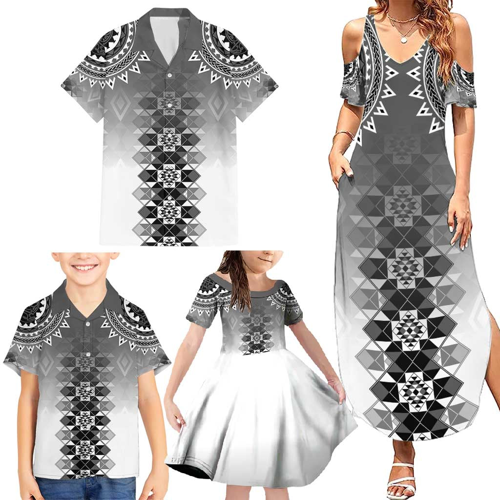 New Zealand Family Matching Summer Maxi Dress and Hawaiian Shirt Poutama Mix Gray Taniko Inspired Art LT05 - Polynesian Pride
