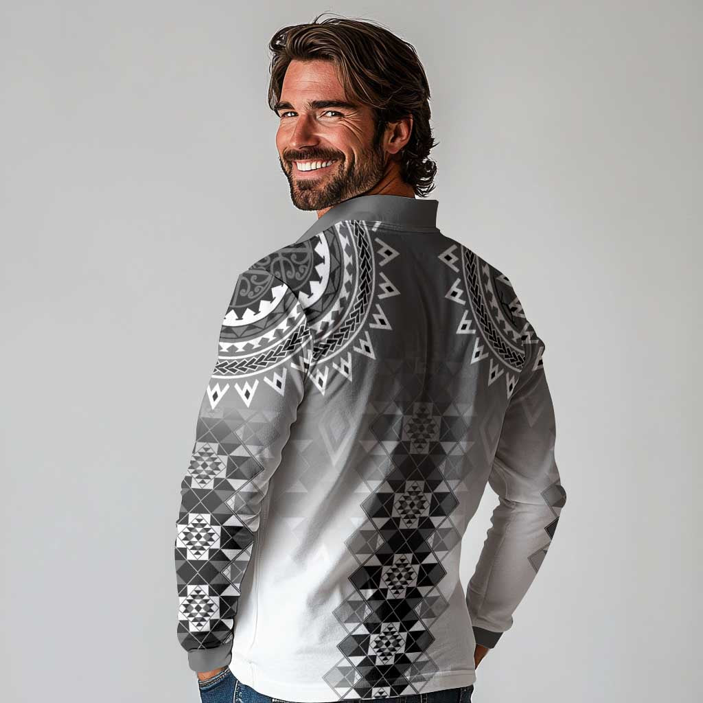New Zealand Long Sleeve Polo Shirt Poutama Mix Gray Taniko Inspired Art LT05