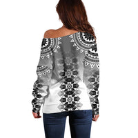 New Zealand Off Shoulder Sweater Poutama Mix Gray Taniko Inspired Art LT05