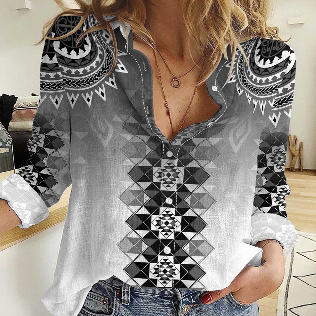 New Zealand Women Casual Shirt Poutama Mix Gray Taniko Inspired Art LT05