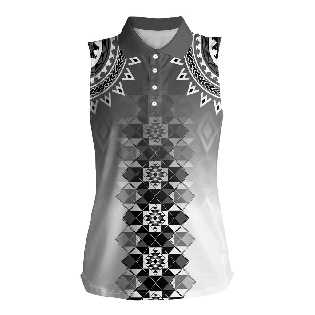 New Zealand Women Sleeveless Polo Shirt Poutama Mix Gray Taniko Inspired Art LT05