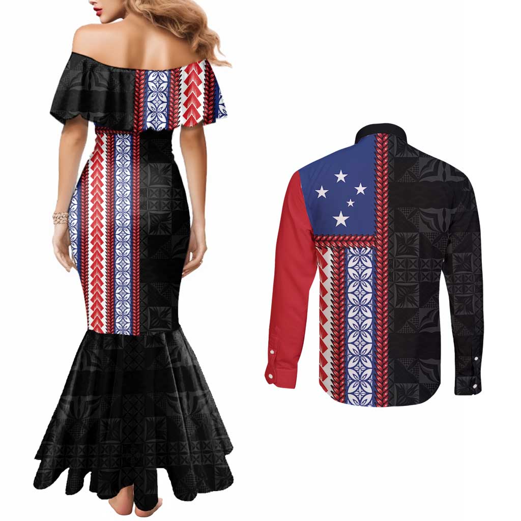 Samoa Flag Couples Matching Mermaid Dress and Long Sleeve Button Shirt Ula Fala With Samoan Siapo LT05 - Polynesian Pride