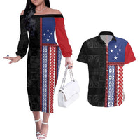 Samoa Flag Couples Matching Off The Shoulder Long Sleeve Dress and Hawaiian Shirt Ula Fala With Samoan Siapo LT05 Black - Polynesian Pride