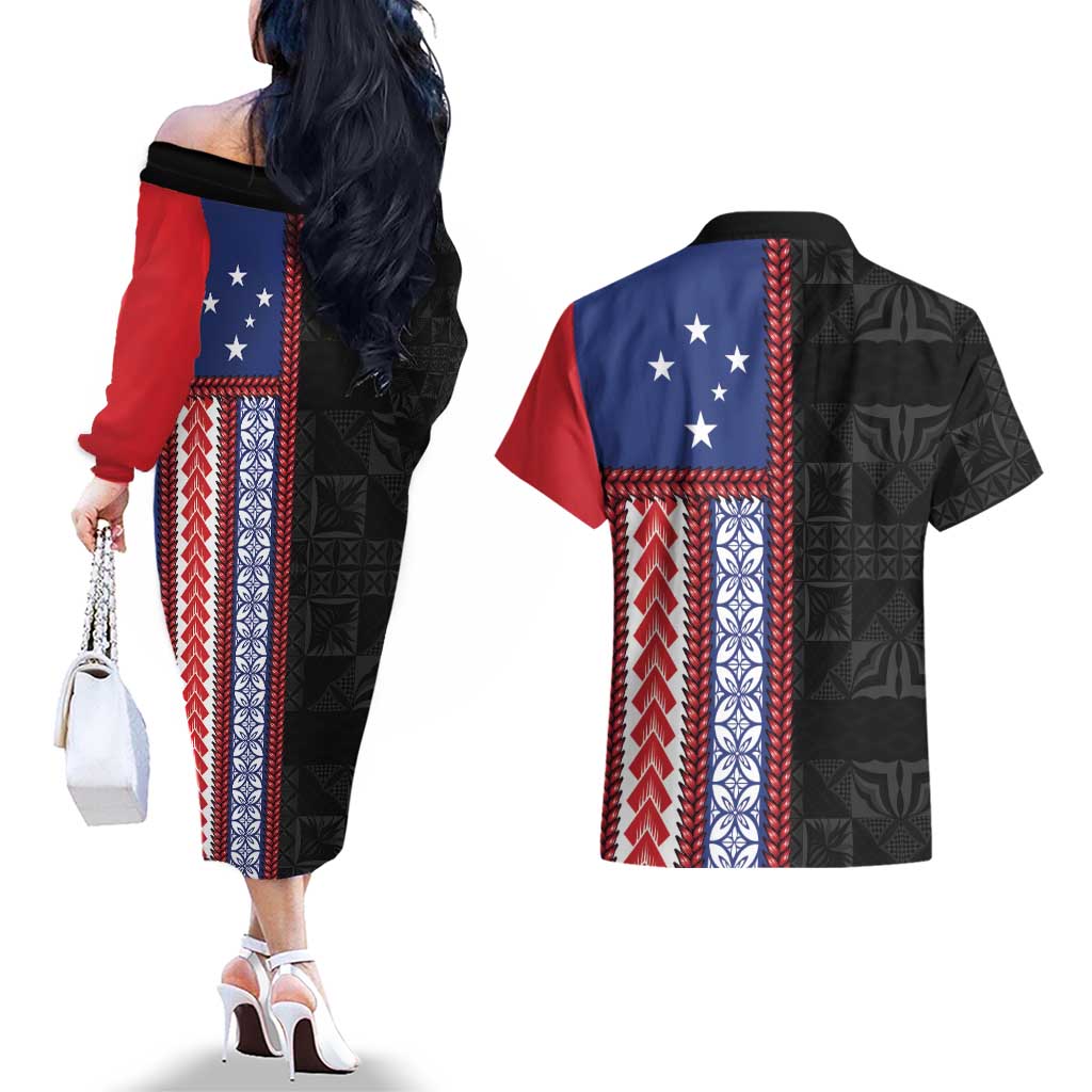 Samoa Flag Couples Matching Off The Shoulder Long Sleeve Dress and Hawaiian Shirt Ula Fala With Samoan Siapo LT05 - Polynesian Pride