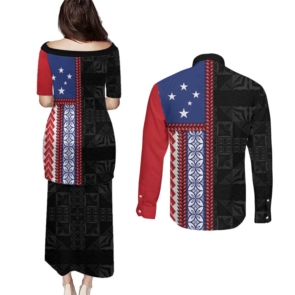Samoa Flag Couples Matching Puletasi and Long Sleeve Button Shirt Ula Fala With Samoan Siapo - Polynesian Pride