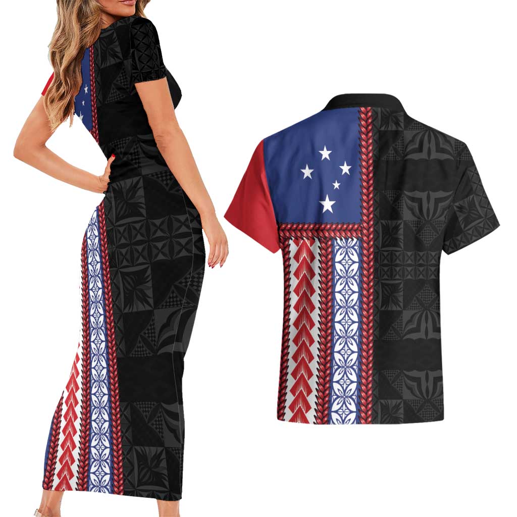 Samoa Flag Couples Matching Short Sleeve Bodycon Dress and Hawaiian Shirt Ula Fala With Samoan Siapo - Polynesian Pride
