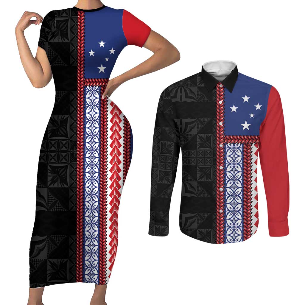 Samoa Flag Couples Matching Short Sleeve Bodycon Dress and Long Sleeve Button Shirt Ula Fala With Samoan Siapo LT05 Black - Polynesian Pride