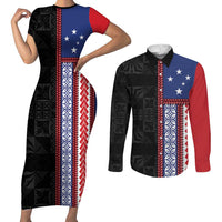 Samoa Flag Couples Matching Short Sleeve Bodycon Dress and Long Sleeve Button Shirt Ula Fala With Samoan Siapo LT05 Black - Polynesian Pride