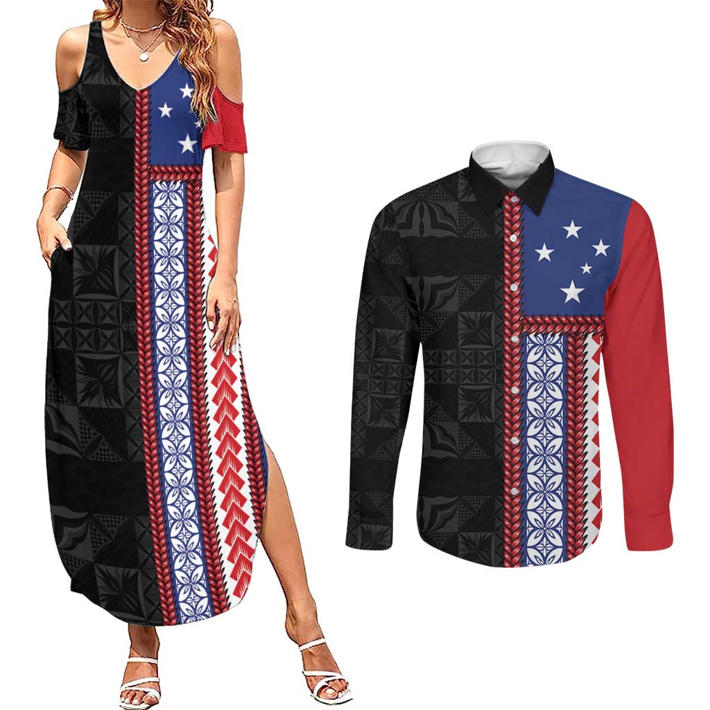 Samoa Flag Couples Matching Summer Maxi Dress and Long Sleeve Button Shirt Ula Fala With Samoan Siapo - Polynesian Pride