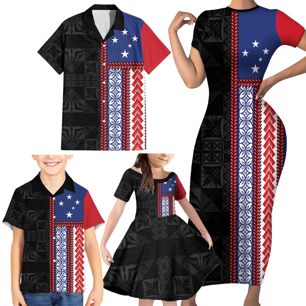 Samoa Flag Family Matching Short Sleeve Bodycon Dress and Hawaiian Shirt Ula Fala With Samoan Siapo - Polynesian Pride