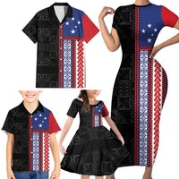 Samoa Flag Family Matching Short Sleeve Bodycon Dress and Hawaiian Shirt Ula Fala With Samoan Siapo - Polynesian Pride