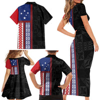 Samoa Flag Family Matching Short Sleeve Bodycon Dress and Hawaiian Shirt Ula Fala With Samoan Siapo - Polynesian Pride
