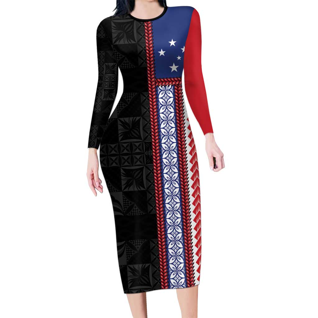 Samoa Flag Long Sleeve Bodycon Dress Ula Fala With Samoan Siapo LT05 Long Dress Black - Polynesian Pride