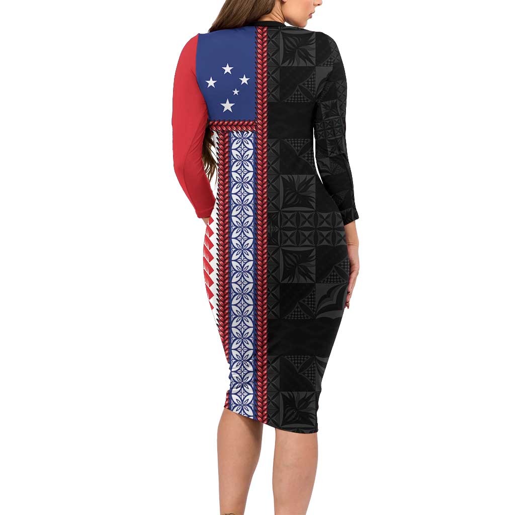 Samoa Flag Long Sleeve Bodycon Dress Ula Fala With Samoan Siapo LT05 - Polynesian Pride